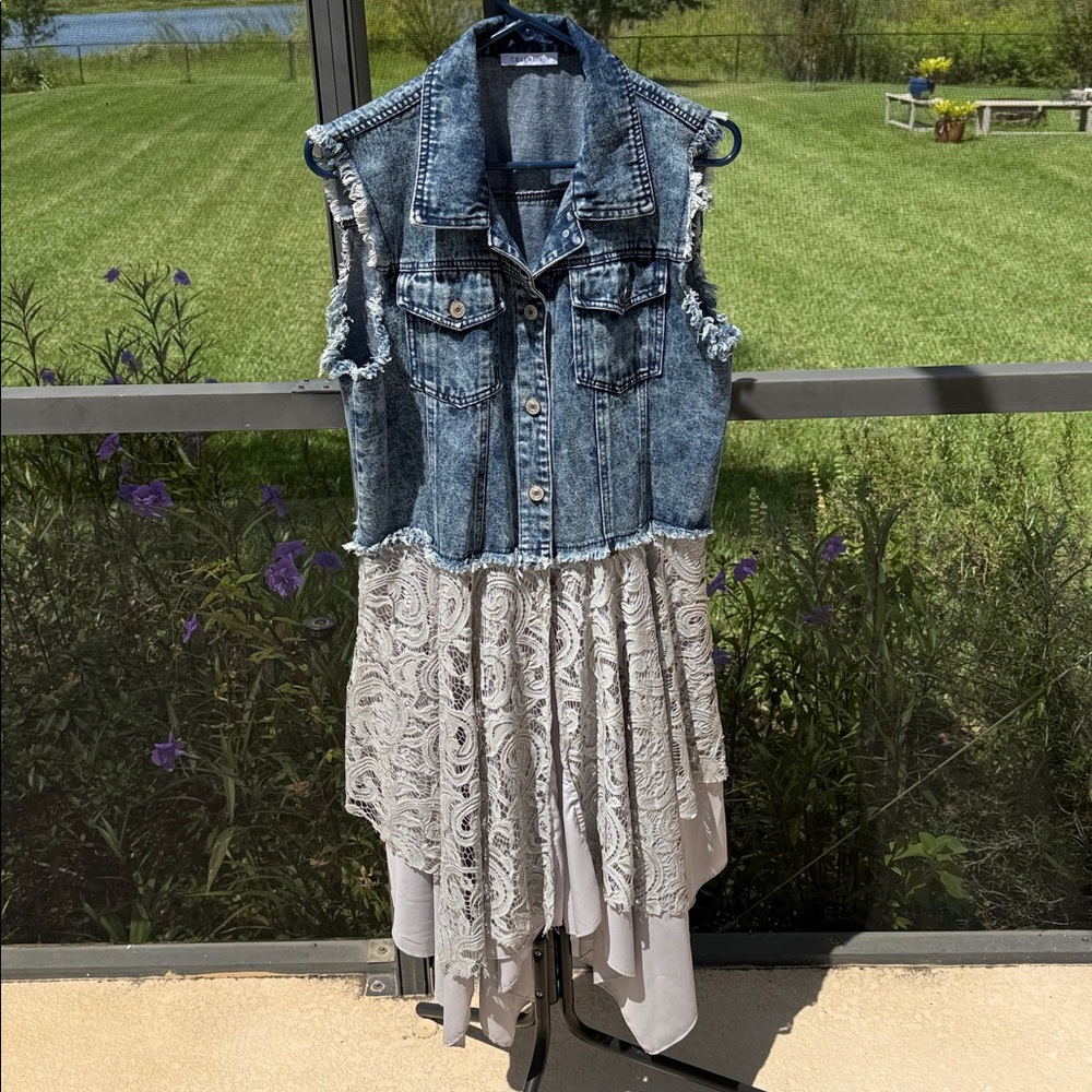 Cellabie small distressed denim and lace Sleeveless Duster